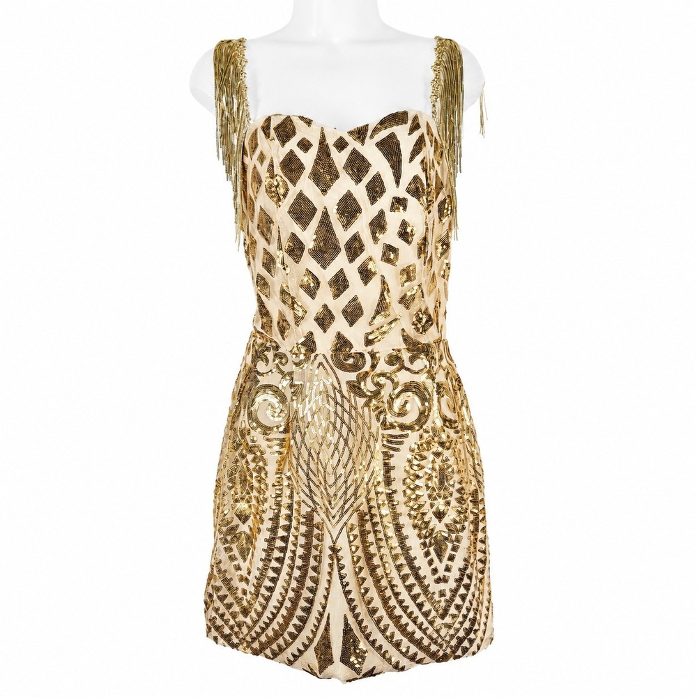 Asexyprom Mini Dress M Gold Sequin NWT Art Deco Fringe Flapper Party Prom Glam